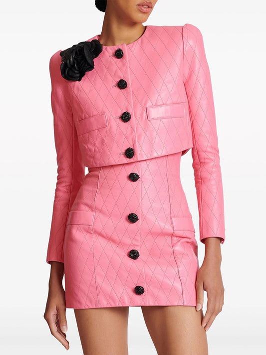 Pink Diamond Quilted Short Leather Jacket Leather Mini Skirt set