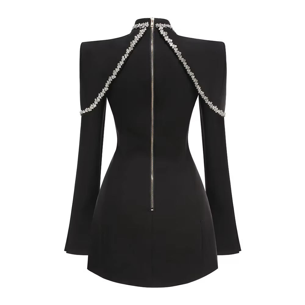 Sparkling Luxury Diamond Shawl Long Sleeved Design Slim Mini Dress