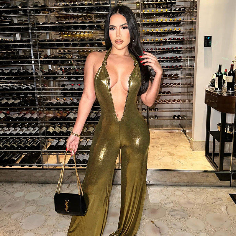 Elegant Backless Halter Golden Jumpsuit