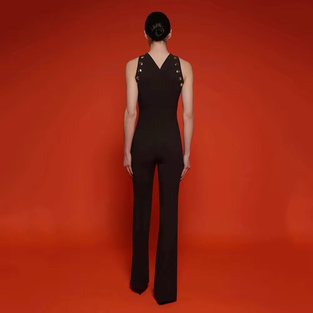 V-neck Sleeveless Round Neck Metal Sheet Sequin Tight Flare jumpsuit