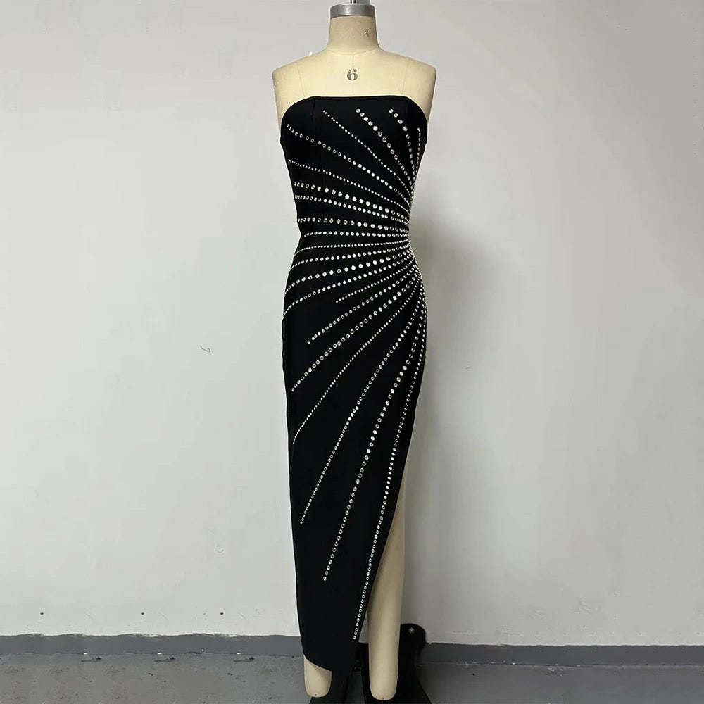 Strapless Diamond Sequins Asymmetric Maxi Split Bandage dress