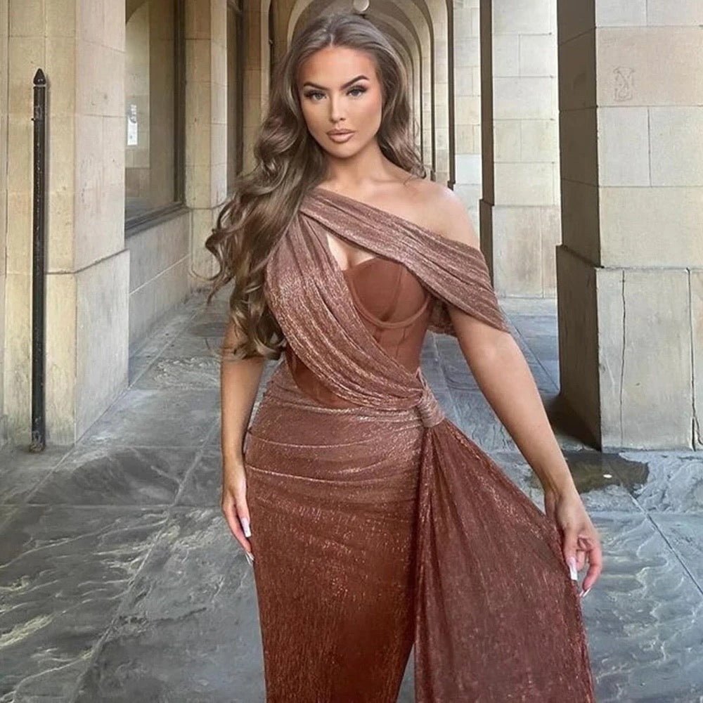 One Shoulder Sleeveless Gold Drop Tight Long Dress