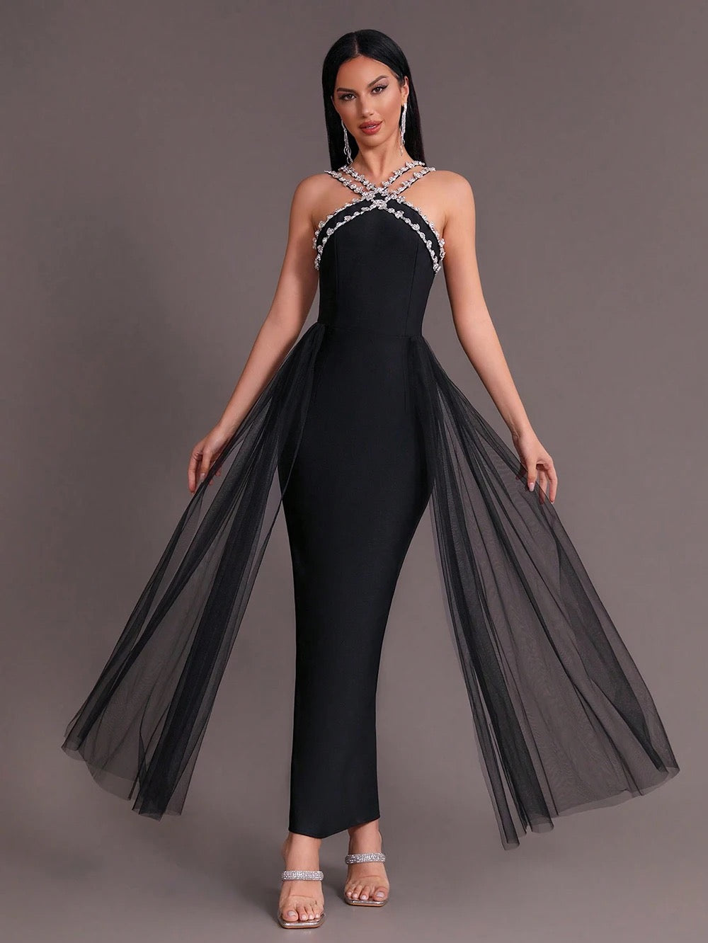 Diamond Details Sleeveless Tight Long Bandage Dress