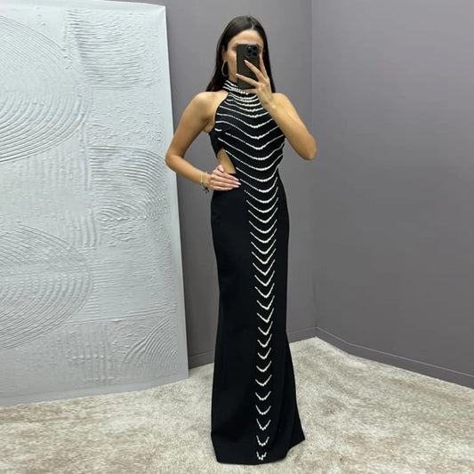 Hollow Beaded Details Design Tight Long Bandage Dress