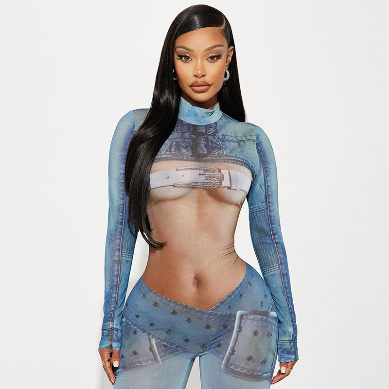 Imitation Denim Body Print Long Sleeve Turtleneck Horn One Piece