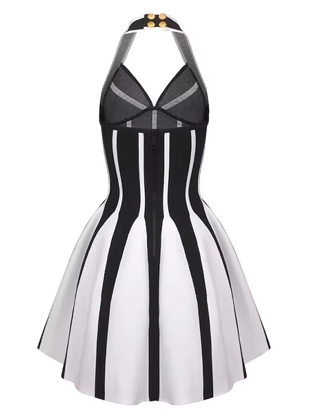 Black White Vertical Stripes Halter Jacquard Short Dress