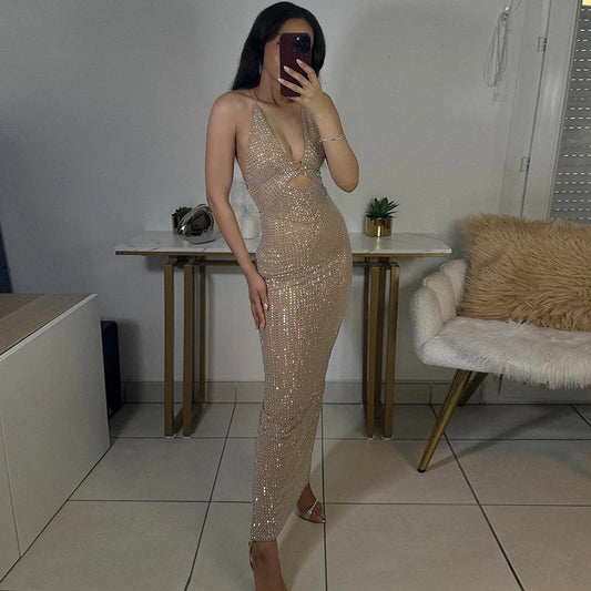 Khaki Sexy V-neck Hot Diamond Hollow Back Tight Maxi Dress