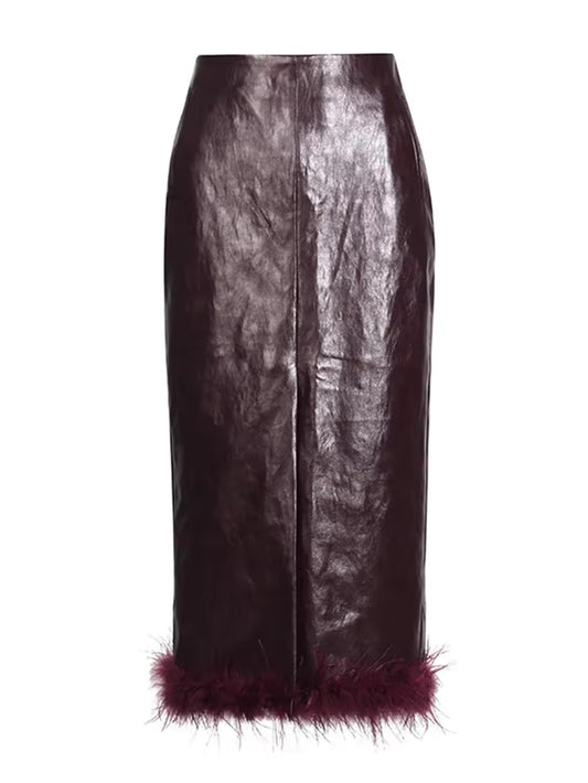 Pu Leather High Waist Splicing Feather Bodycon Midi Skirt