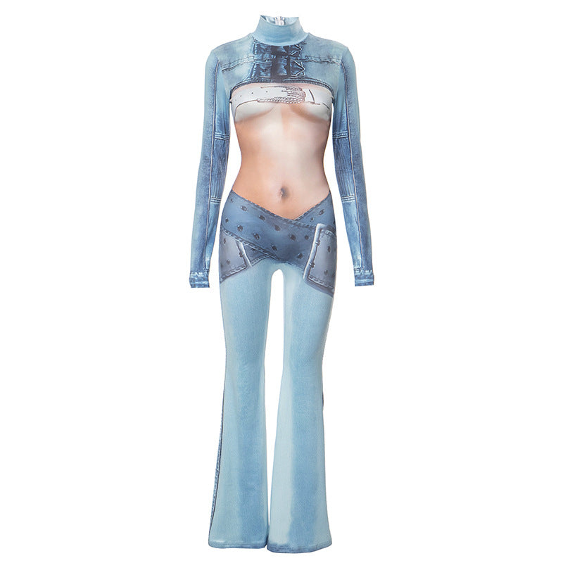 Imitation Denim Body Print Long Sleeve Turtleneck Horn One Piece