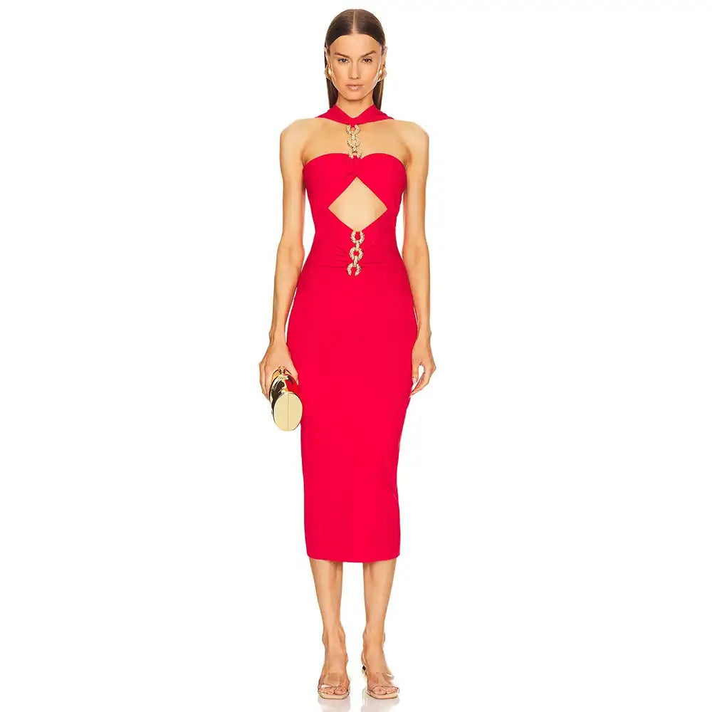 Red Diamond Metal Sexy Hollow Strapless Tight Bandage Dress