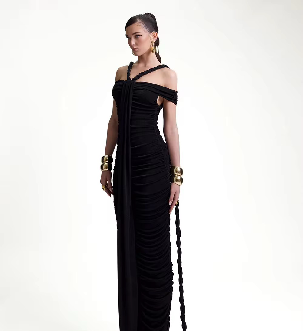 Slash Neck Braided Folds High Waist Elastic Maxi Dress