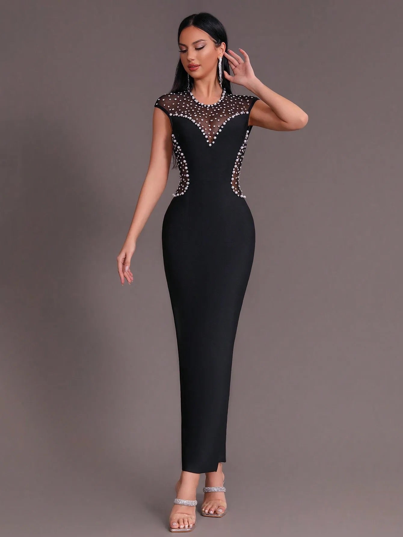 Backless Diamond Pearl Mesh Tight Long Bandage Dress