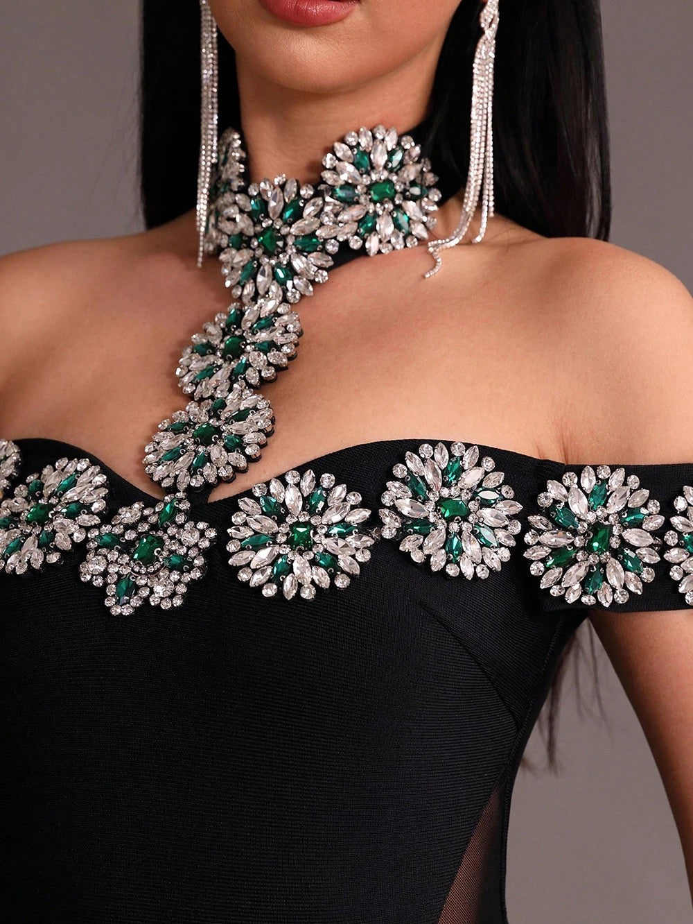 Off Shoulder Luxury Diamond Tight Long Bandage Dress