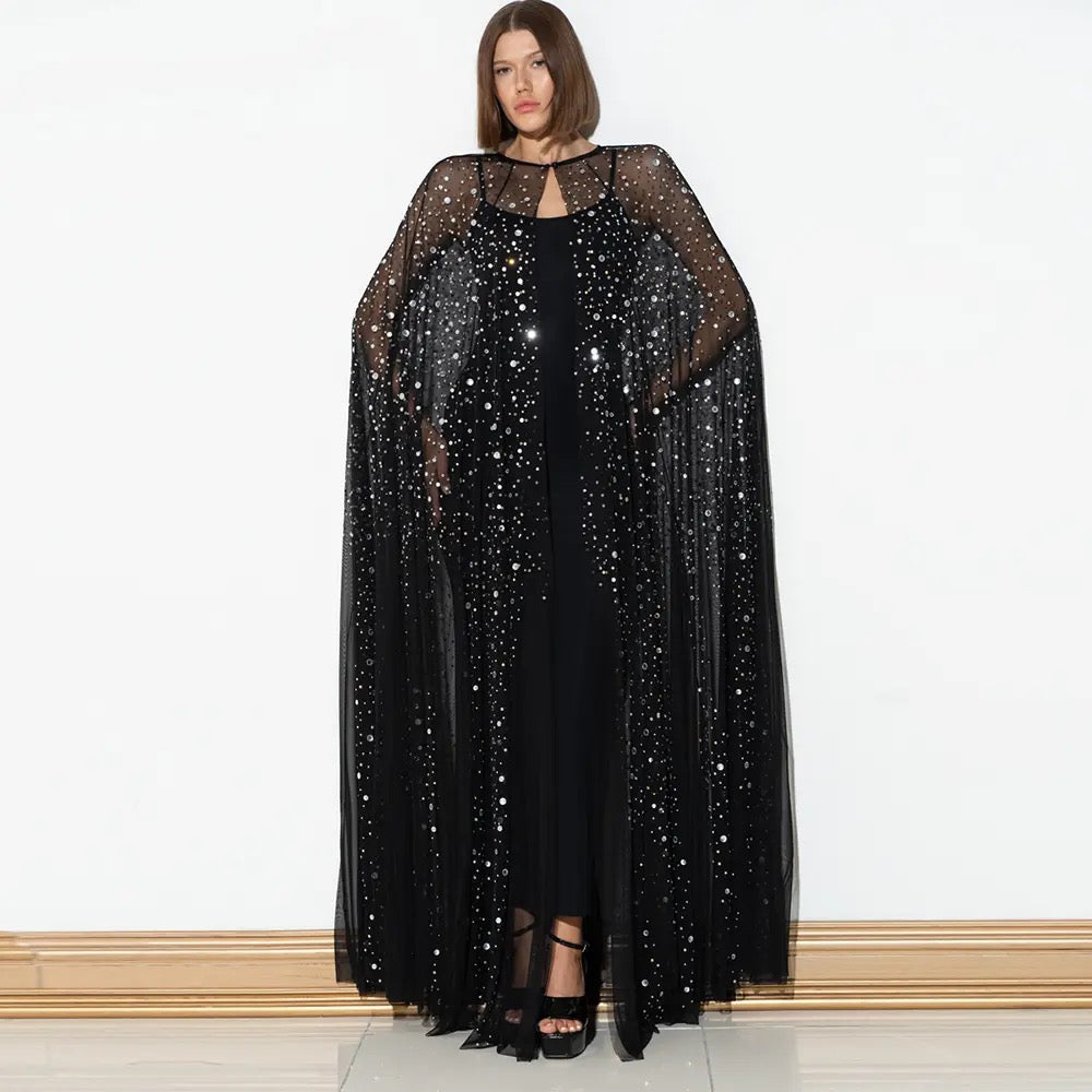 Black Sequin Decorative Mesh Cloak 2-piece Set