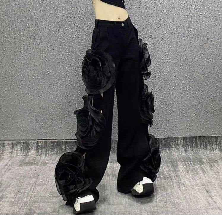 Wide leg flower denim pants