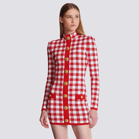 Long Sleeve Button Checkered Jacquard Tight Mini