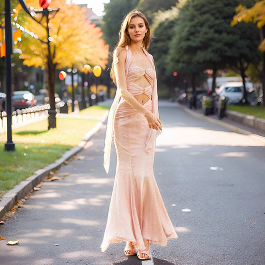 Pink Scarf Maxi Strapless Sleeveless Hollow out dress