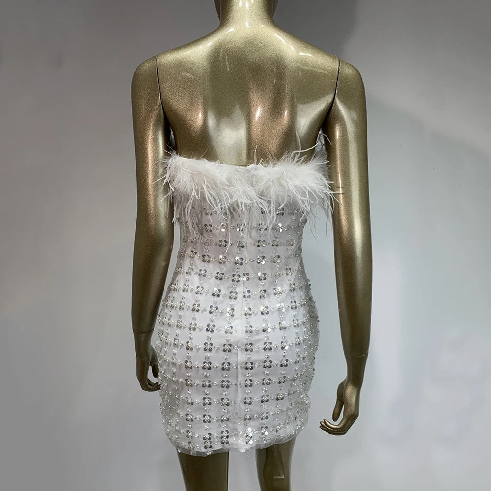 White Strapless Feather Sequins Tight Fit Mini Dress