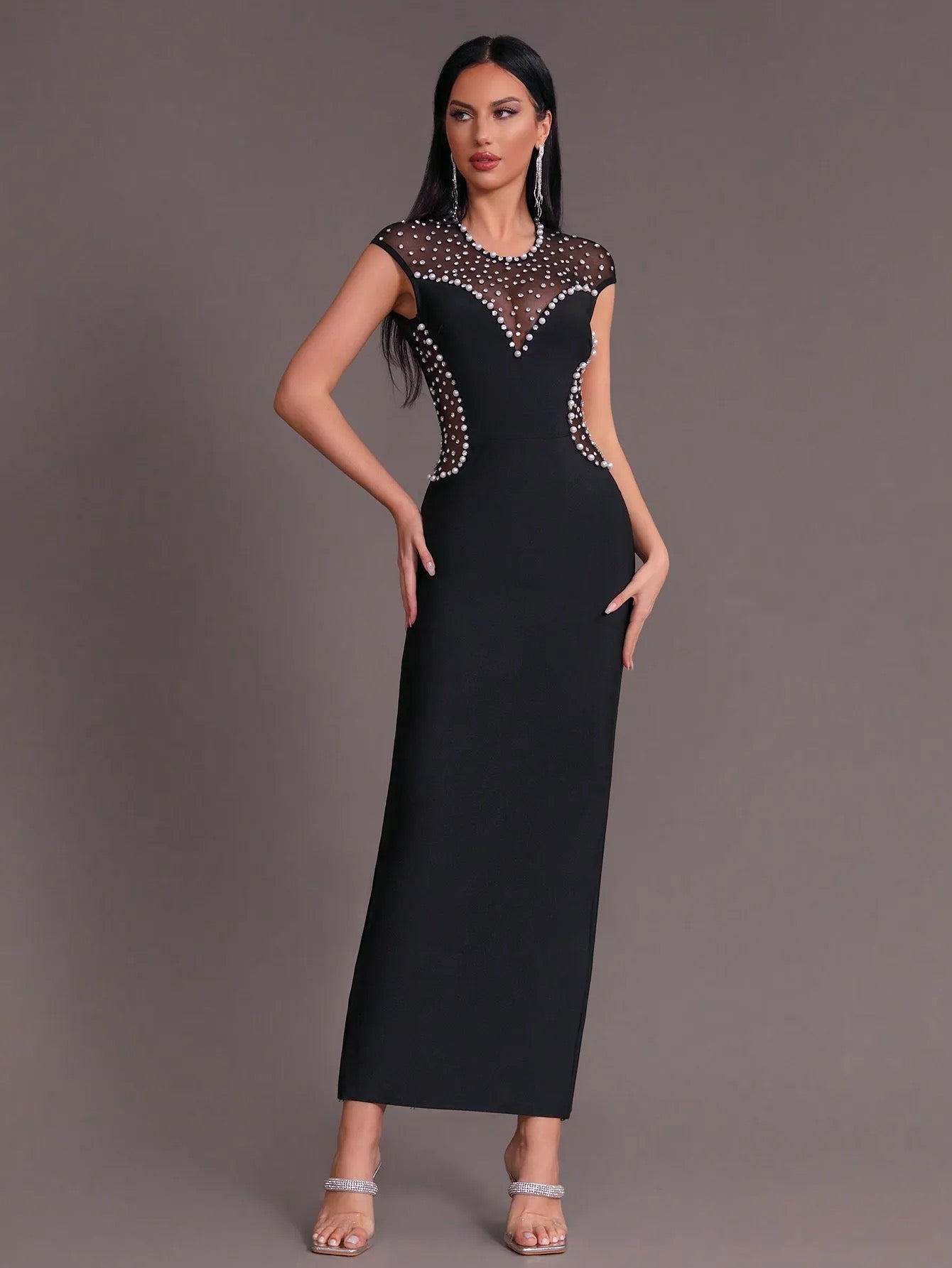 Backless Diamond Pearl Mesh Tight Long Bandage Dress