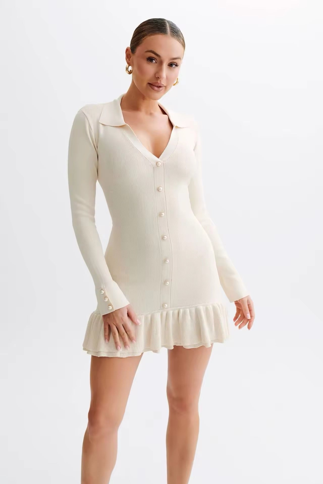 Contrast Knit Bowknot Back Pleated Mini Dress