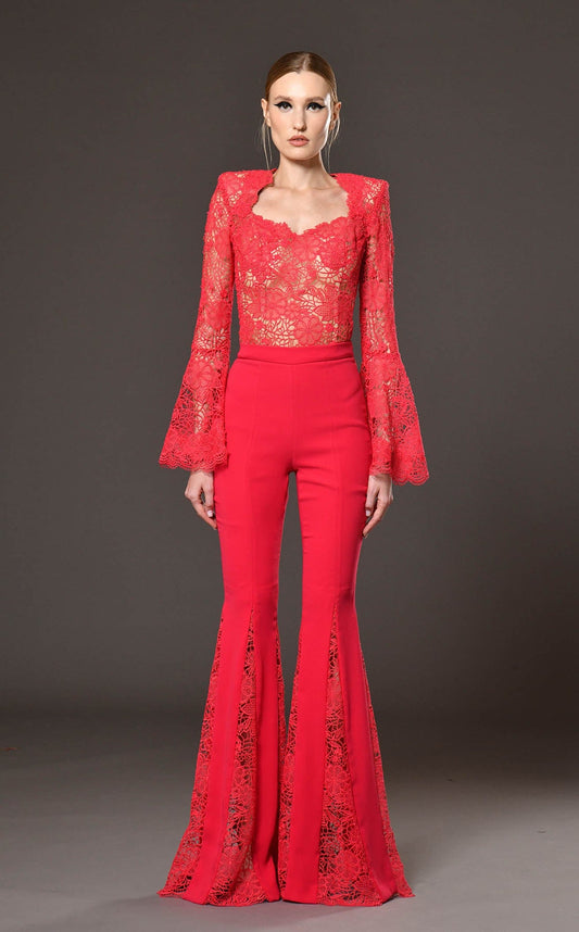 Red lace flared pants Full Length Jumpsuit