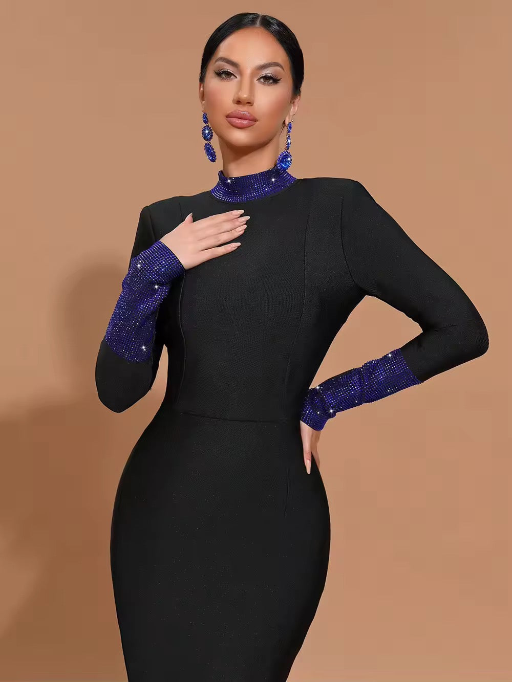 Black Turtleneck Bodycon Rhinestone Backless Long Sleeve Bandage Maxi Dress