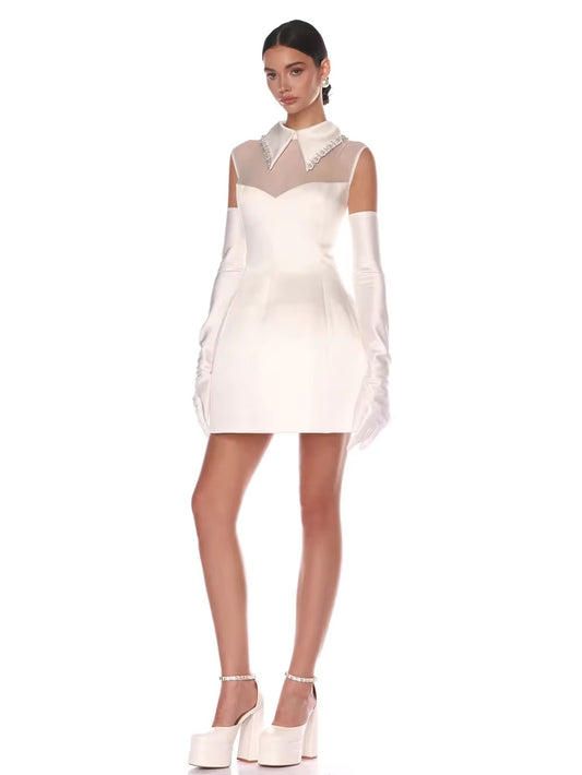 White Pearl Chain Ball Gown Mini Dress With Gloves