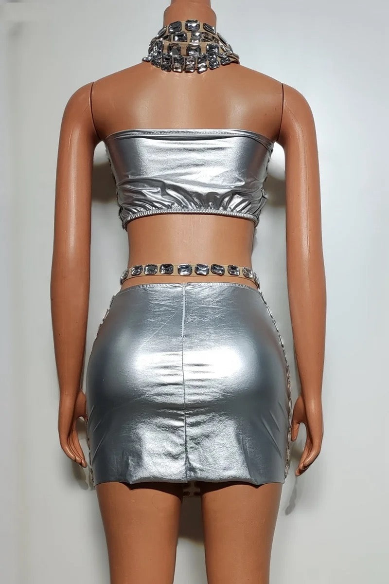 Party Glam Mesh Rhinestones Faux Leather Skirt Set