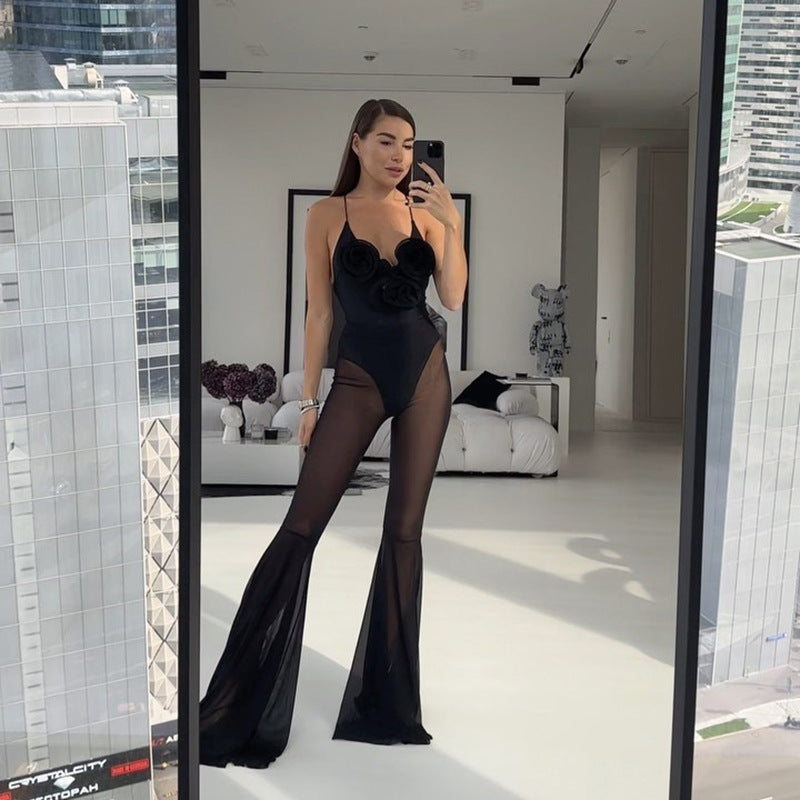 Mesh Stitching See Through Design Horn Jumpsuit