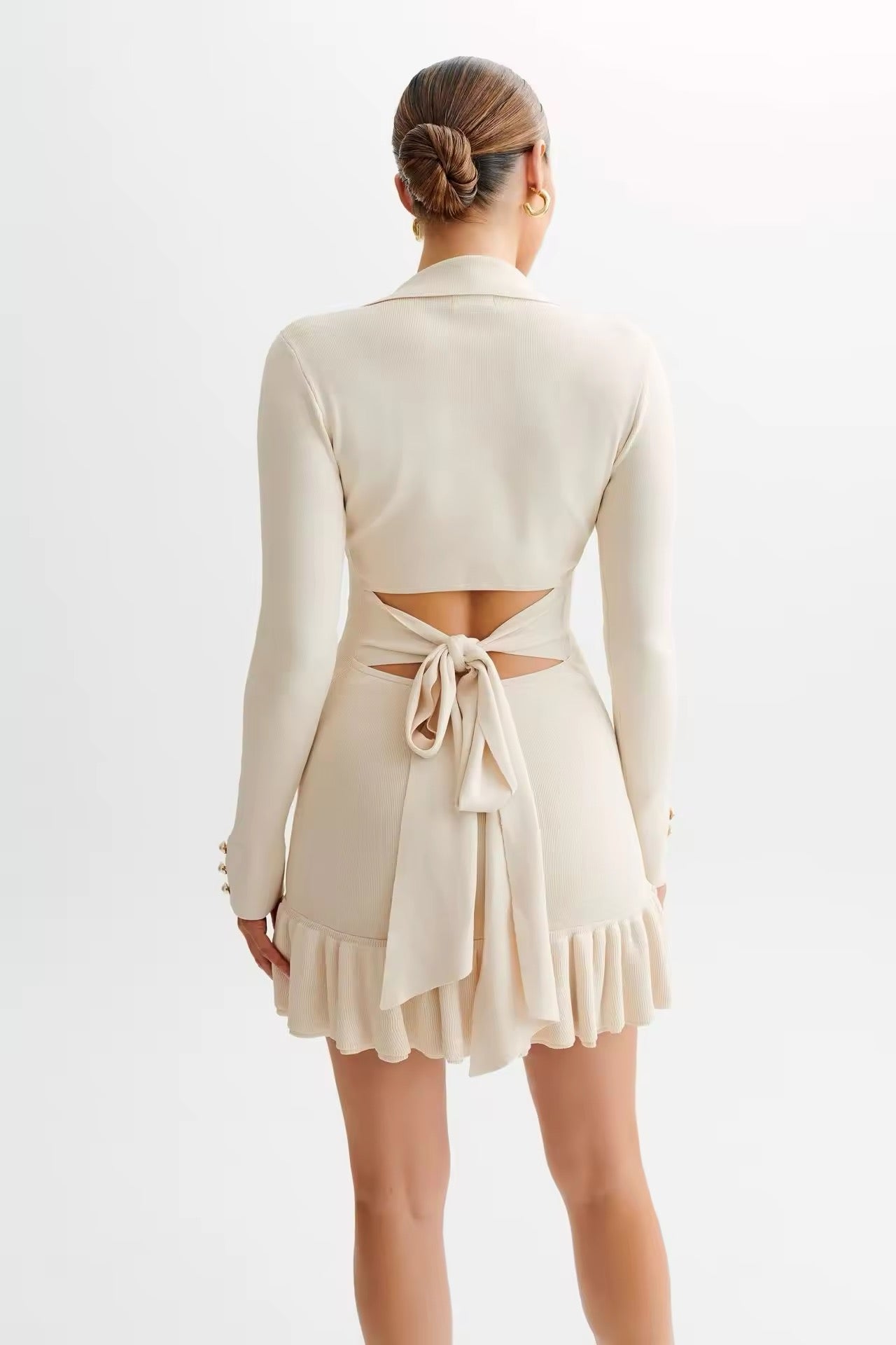 Contrast Knit Bowknot Back Pleated Mini Dress