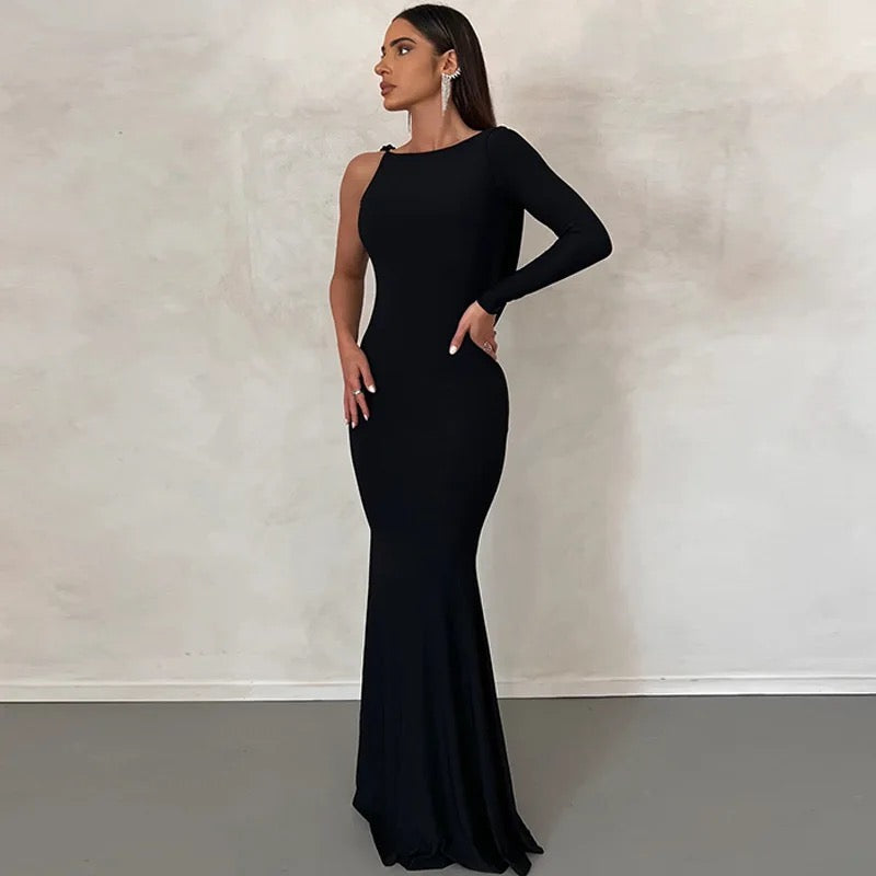 One Shoulder Backless Maxi Dress In Black