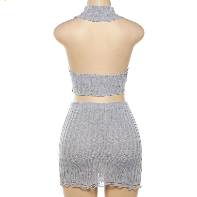 Knitted Ripped Halter Backless Slim Casual Skirt Set