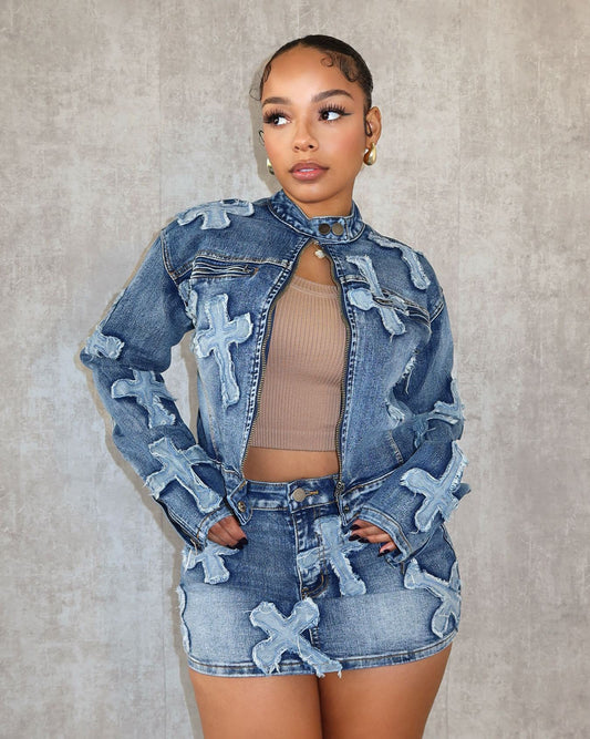 Embroidered Denim Short Skirt Jacket Suits Suit