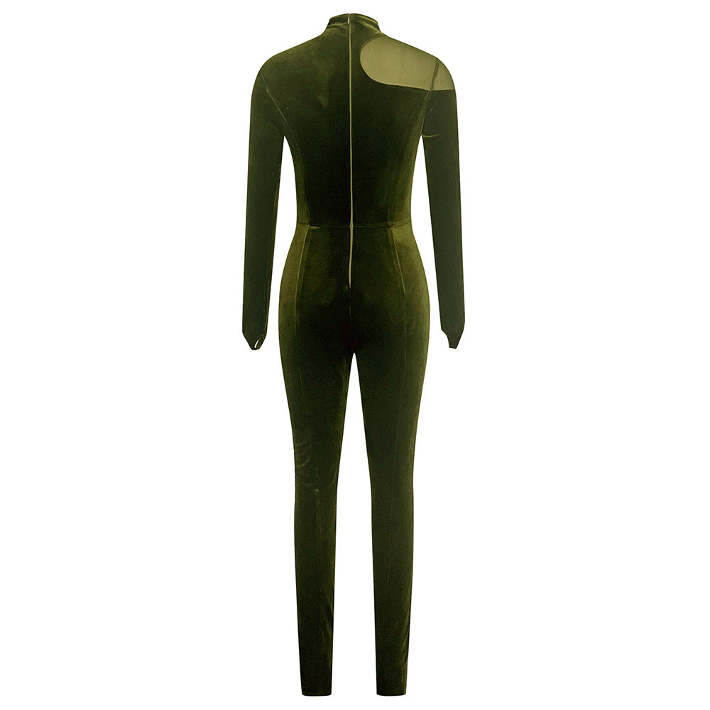 Mesh Stitching Velvet Tight Jumpsuit