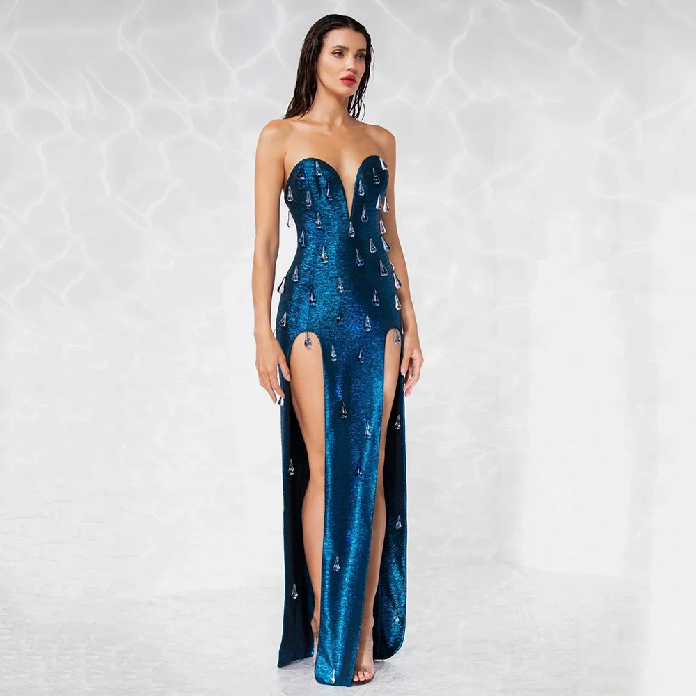 Blue Sexy Strapless Crystal Decoration Tight Split Long Dress