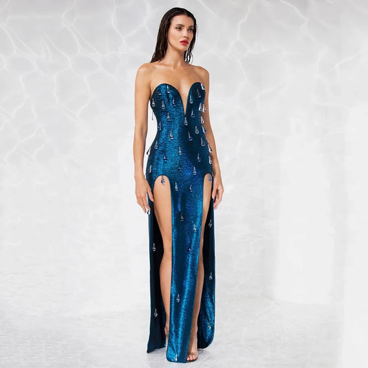 Blue Sexy Strapless Crystal Decoration Tight Split Long Dress