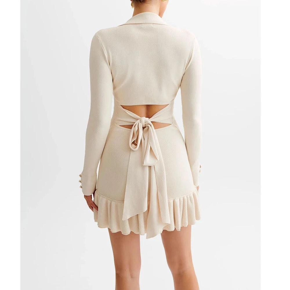 Contrast Knit Bowknot Back Pleated Mini Dress