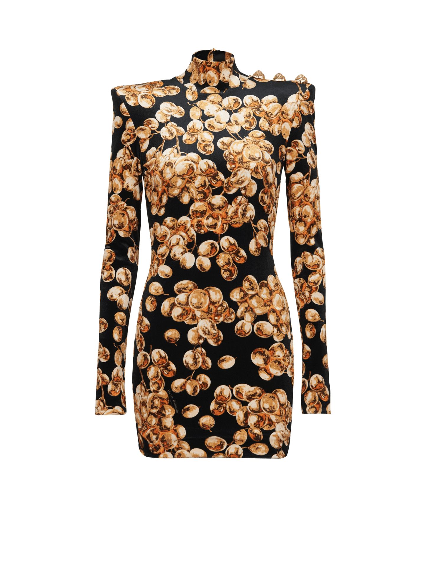 Grape Printed Gold Velvet Turtleneck Slim Mini Dress