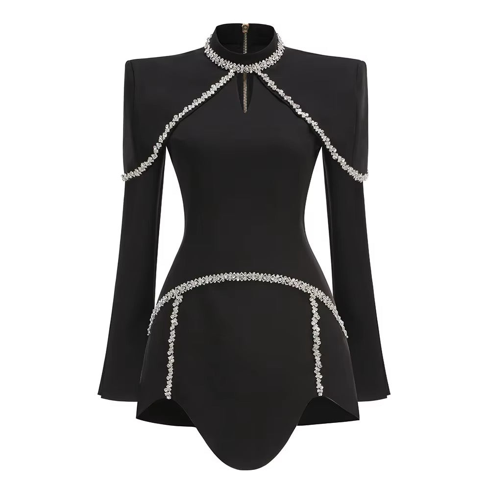 Sparkling Luxury Diamond Shawl Long Sleeved Design Slim Mini Dress