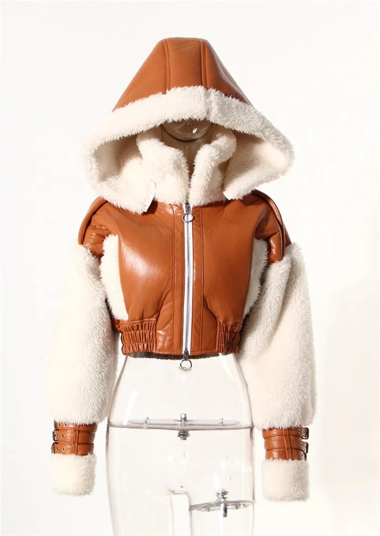 PU Leather Short Hooded jacket