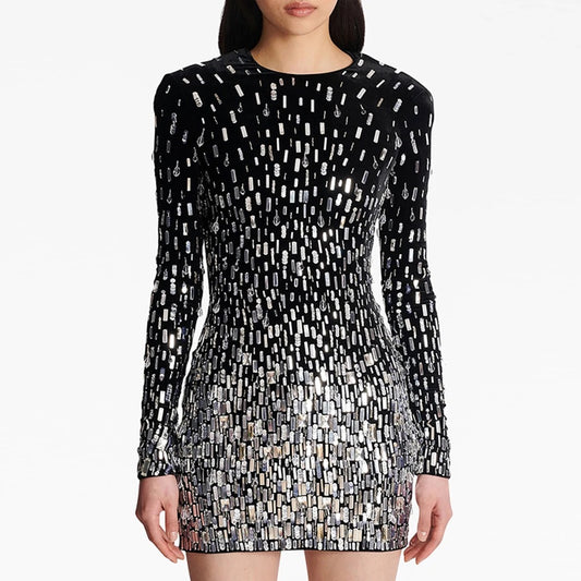 Long sleeved Diamond Sequin Beaded Tight Mini Dress