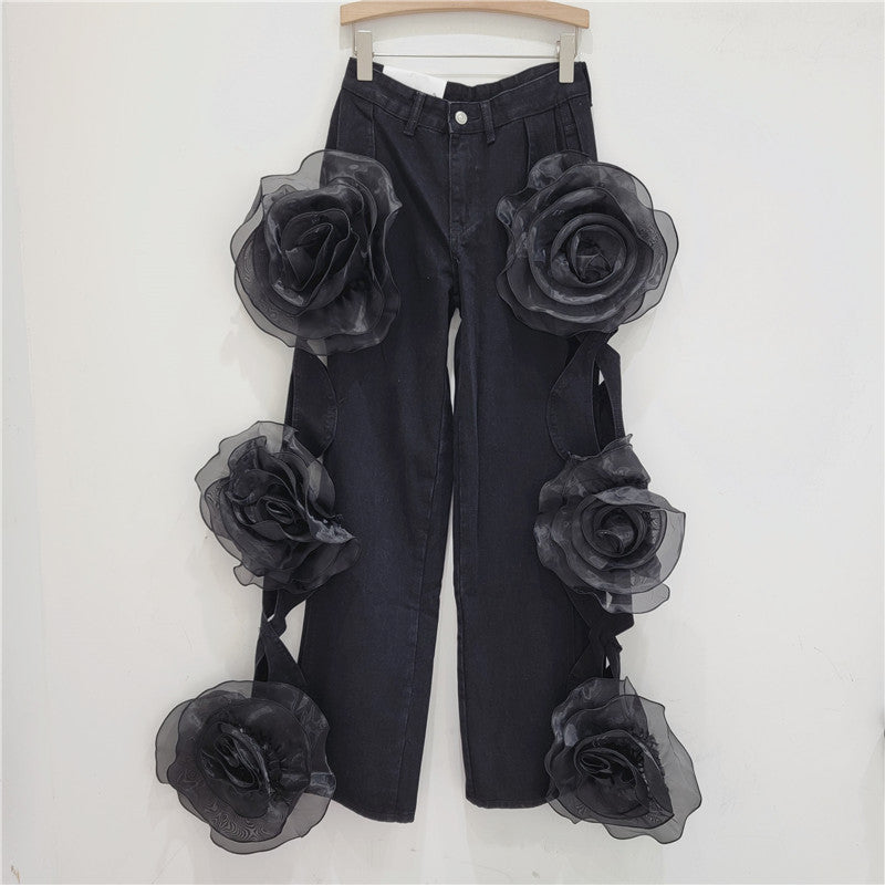 Wide leg flower denim pants