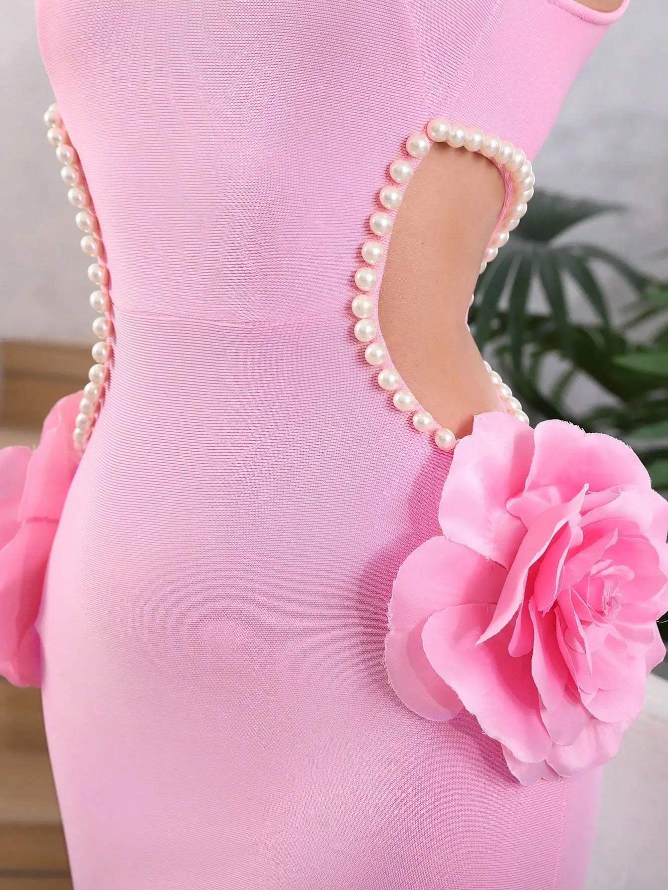 Hollow Pearl 3D Flower Decoration Tight Long Bandage Dress