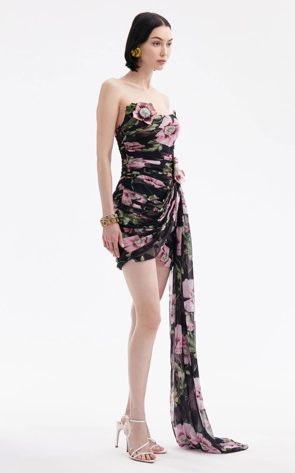3D Flower Print Strapless Hanging Mesh Sexy Tight Mini Dress