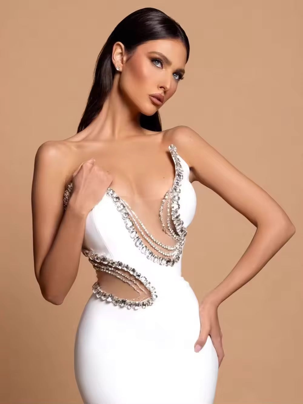 Diamond Beading Maxi Bandage Sexy Strapless Mesh dress