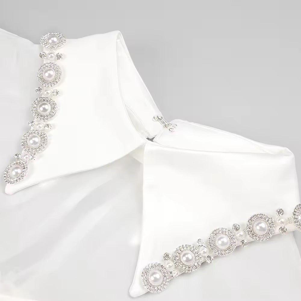 White Pearl Chain Ball Gown Mini Dress With Gloves