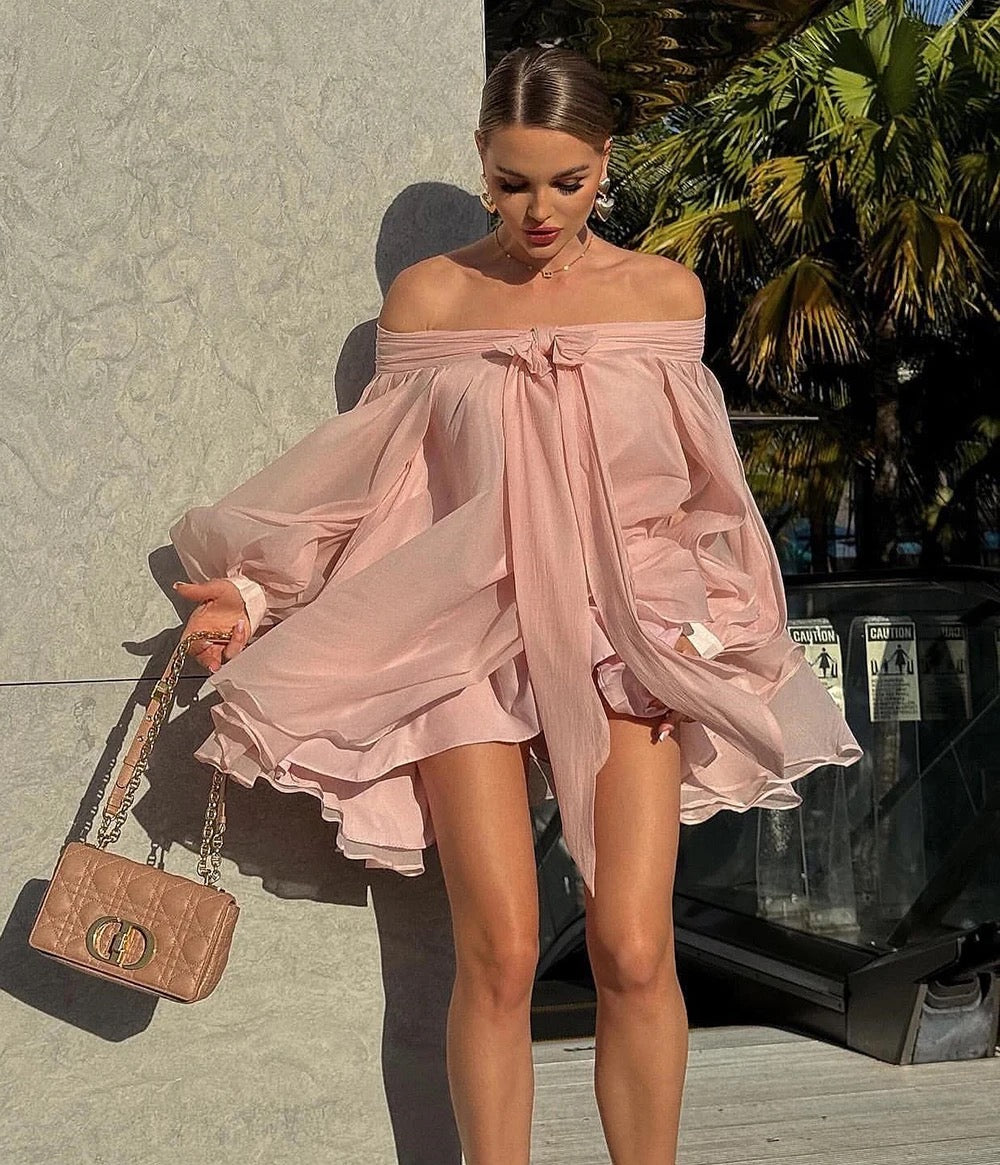 Off Shoulder Long Sleeve Bow Loose Mini Dress