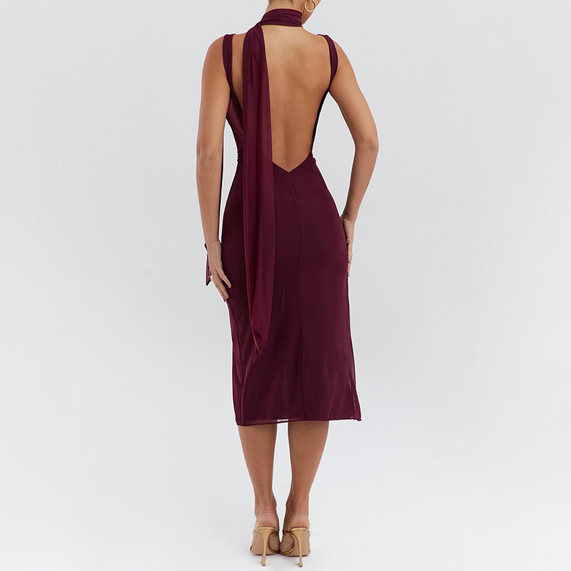 Collar Sleeveless Split Backless Hip Dress