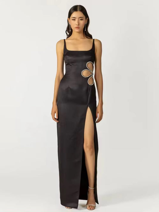 Rhinestone Cut Out Diamonds Black Long Maxi Bandage Dress