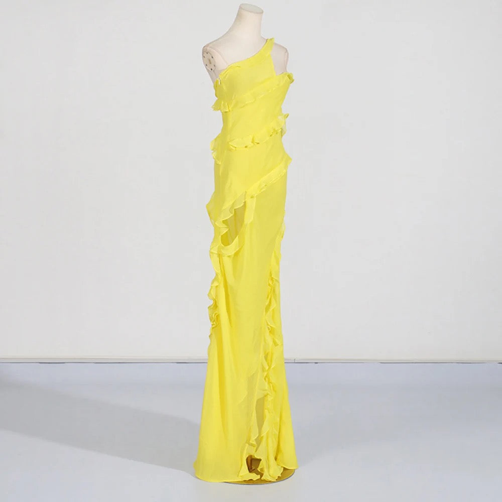 Yellow Sexy Asymmetric Maxi Dress with Ruffle Edge